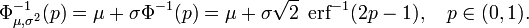 \Phi_{\mu,\sigma^2}^{-1}(p)
= \mu + \sigma\Phi^{-1}(p)
= \mu + \sigma\sqrt2
\; \operatorname{erf}^{-1}(2p - 1),
\quad p\in(0,1).