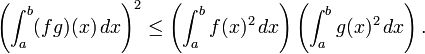 \left( \int_a^b (fg)(x) \, dx \right)^2 \leq \left( \int_a^b f(x)^2 \, dx \right) \left( \int_a^b g(x)^2 \, dx \right).