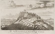 Engraving of a castle on top of a steep hill, above the title