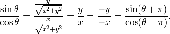 \frac{\sin \theta }{\cos \theta } = \frac{\frac{y}{\sqrt{x^2 + y^2}}}{\frac{x}{\sqrt{x^2 + y^2}}} = \frac{y}{x} =  \frac{-y}{-x} = \frac{\sin (\theta + \pi)}{\cos (\theta + \pi) }.
