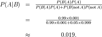 \begin{matrix} P(A | B) &=& \frac{P(B | A) P(A)}{P(B | A)P(A) + P(B |\mathrm{not}\,A)P(\mathrm{not}\,A)} \\ \\
 &= &\frac{0.99\times 0.001}{0.99 \times 0.001 + 0.05\times 0.999}  \\ ~\\ &\approx &0.019 .\end{matrix}