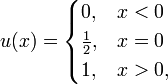 u(x) =
  \begin{cases} 0,           & x < 0
             \\ \frac{1}{2}, & x = 0
             \\ 1,           & x > 0,
  \end{cases}