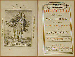 Frontispiece—an engraving of a donkey burdened by a pile of books—and title page of a book, incribed