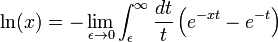\ln(x) = -\lim_{\epsilon \to 0} \int_\epsilon^\infty \frac{dt}{t}\left( e^{-xt} - e^{-t} \right)