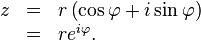\begin{array}{lll}z& = & r \left (\cos \varphi + i \sin \varphi\right) \\
& = & r e^{i \varphi}.
\end{array} \,