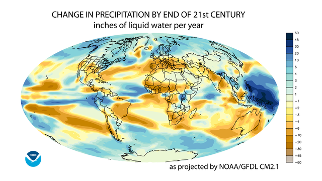 File:Projected change in annual average precipitation for the 21st century, based on the SRES A1B emissions scenario, and simulated by the GFDL CM2.1 model.png