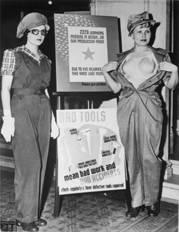 File:Safety garb for women workers. The uniform at the left, complete with the plastic 