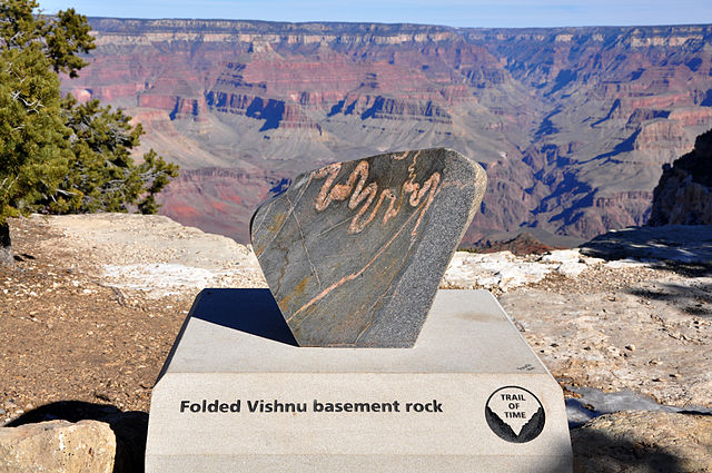 File:Grand Canyon Trail of Time - Folded Vishnu basement rock.jpg