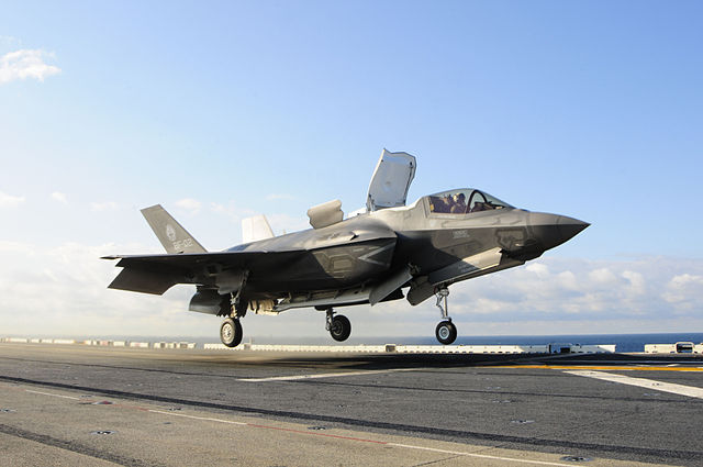 File:US Navy 111004-N-CW137-524 Lt. Col. Fred Schenk lifts an F-35B Lightning II off the flight deck of the amphibious assault ship USS Wasp (LHD 1).jpg