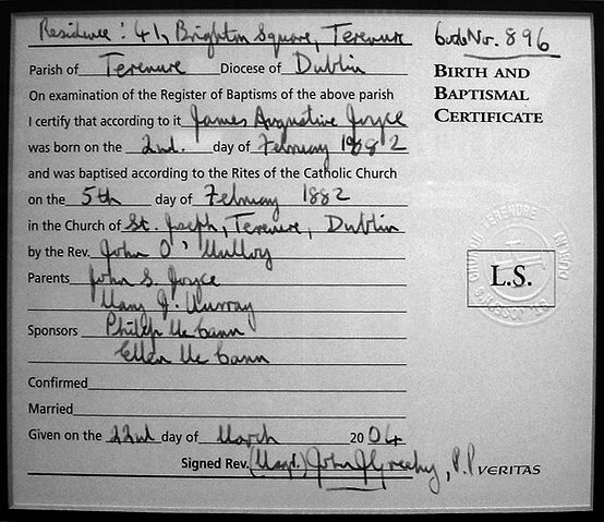 File:James Joyce birth and baptismal certificate.jpg