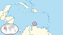 Location of Aruba (circled in red)in the Caribbean (light yellow)