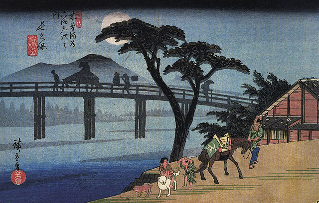 File:Hiroshige Man on horseback crossing a bridge.jpg